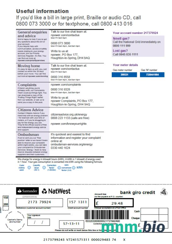 Szablon rachunku za media w Wielkiej Brytanii Npower w formatach Word i PDF, 3 strony, 3. strona